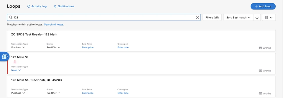Dotloop interface showing organized transaction files