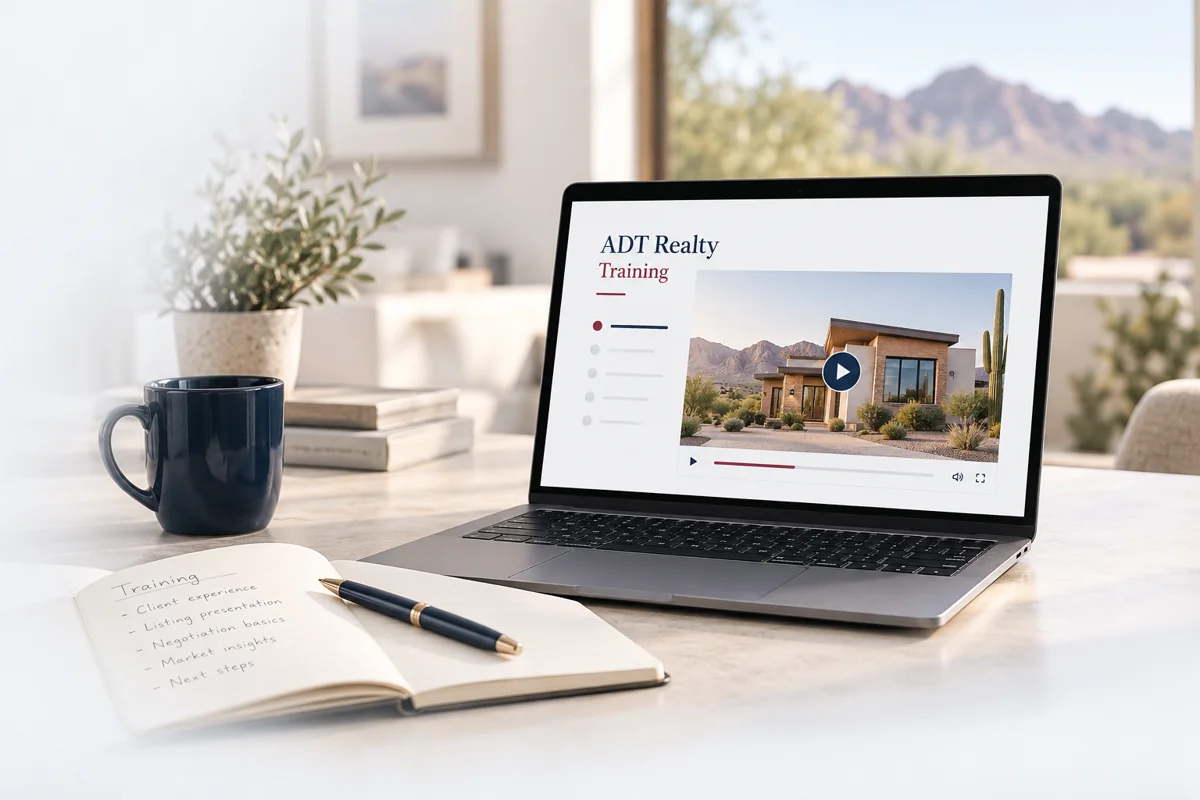 Illustrated ADT Realty training workspace with a laptop, notebook and Arizona view